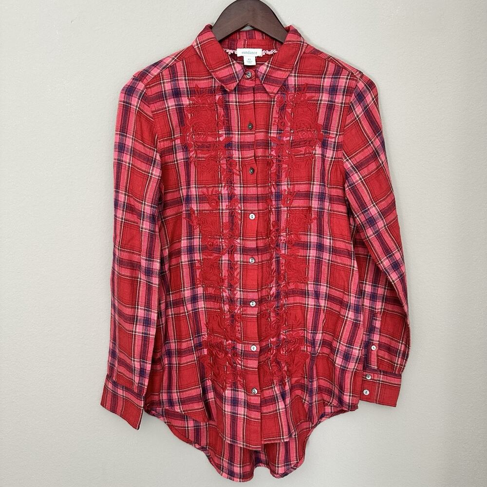 Sundance Red Plaid Cotton Embroidered Button Down Shirt Boho Western Equestrian